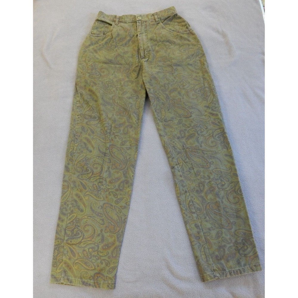 Vintage Yasmin Womens Pants 8 W25 L28 Green Paisley High Rise Waist Mom Jeans